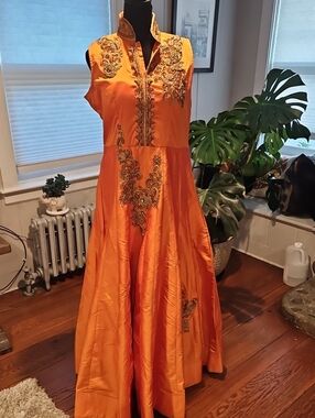 Women's Sleeveless Orange Embroidered Indian Dress
